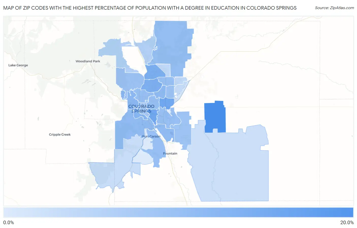 Zip Codes with the Highest Percentage of Population with a Degree in Education in Colorado Springs Map