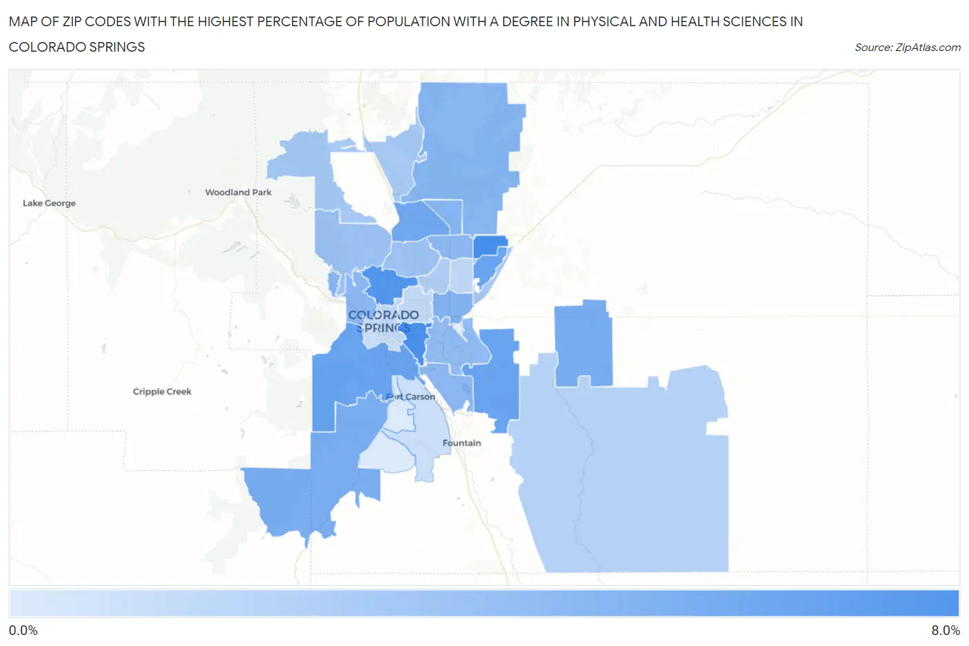 Zip Codes with the Highest Percentage of Population with a Degree in Physical and Health Sciences in Colorado Springs Map