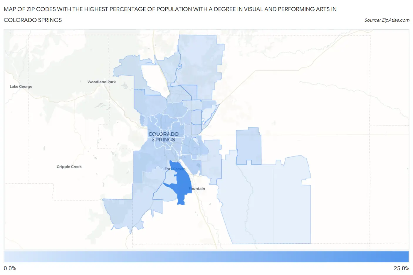 Zip Codes with the Highest Percentage of Population with a Degree in Visual and Performing Arts in Colorado Springs Map