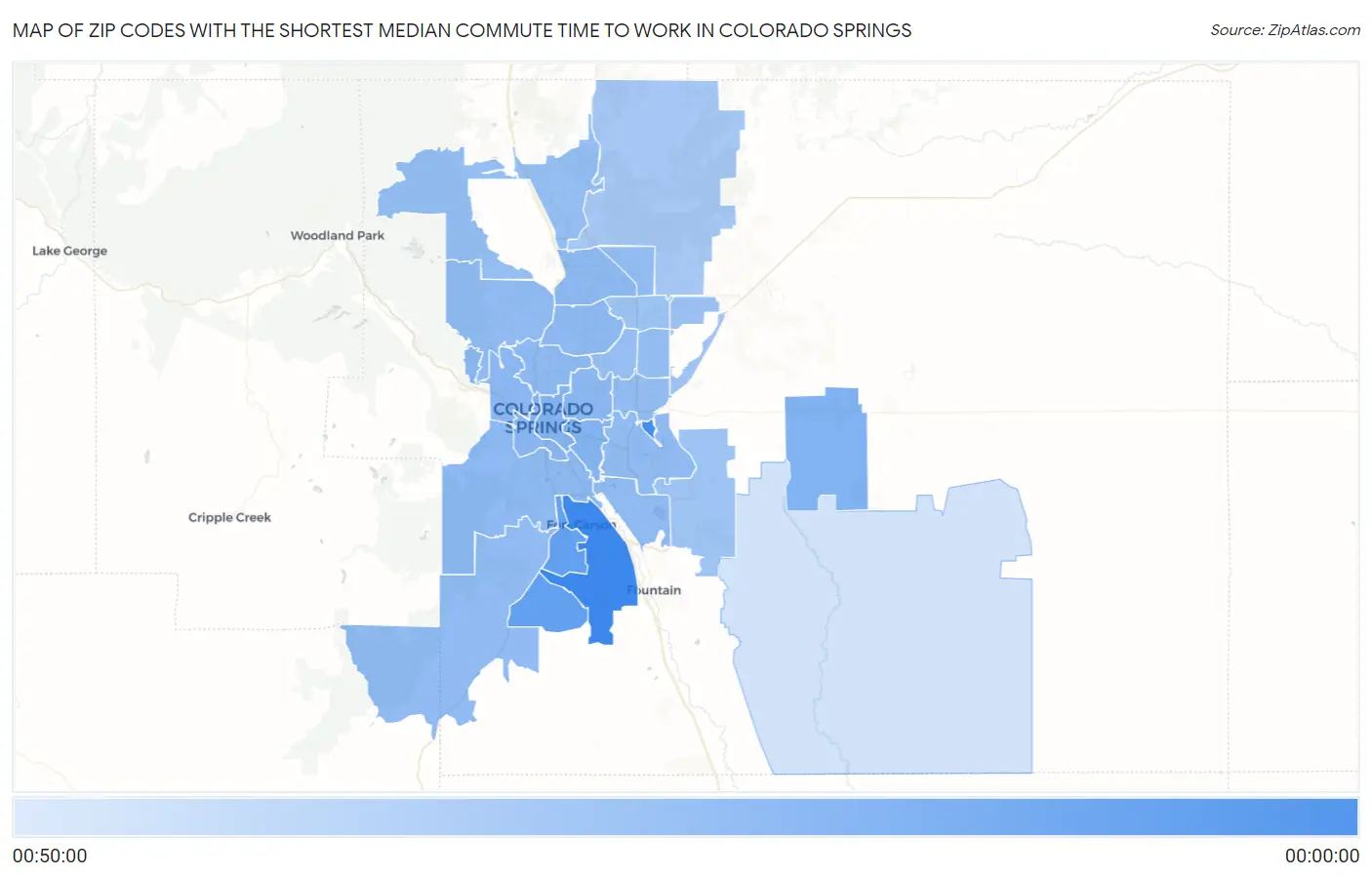 Zip Codes with the Shortest Median Commute Time to Work in Colorado Springs Map