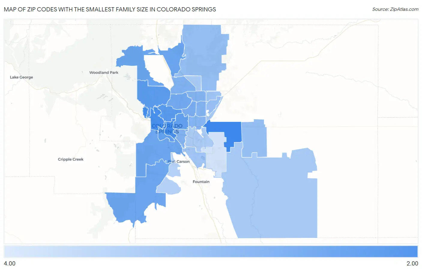 Zip Codes with the Smallest Family Size in Colorado Springs Map