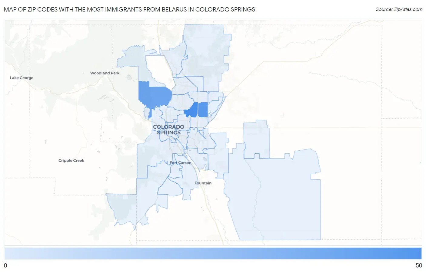 Zip Codes with the Most Immigrants from Belarus in Colorado Springs Map