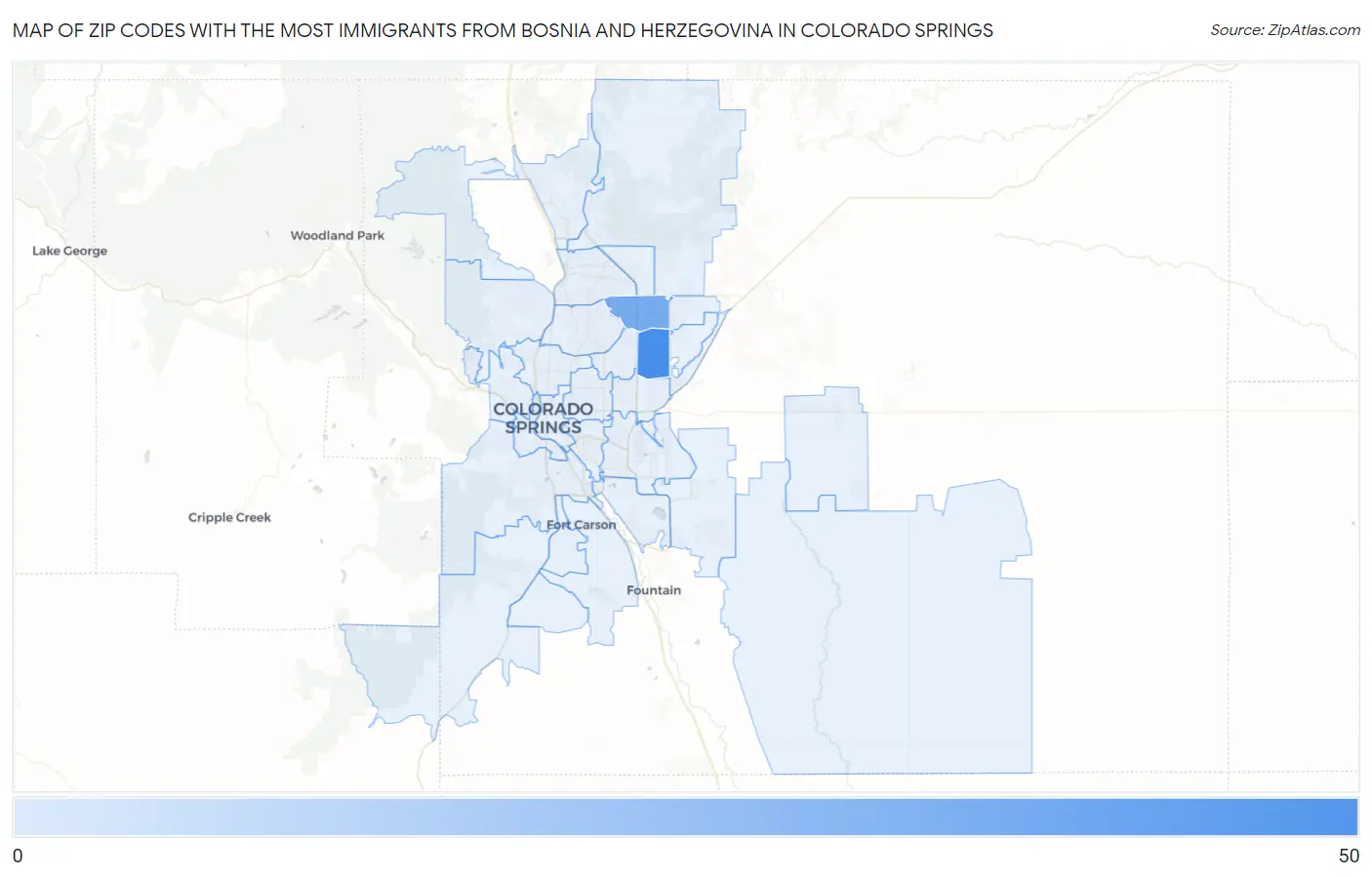 Zip Codes with the Most Immigrants from Bosnia and Herzegovina in Colorado Springs Map