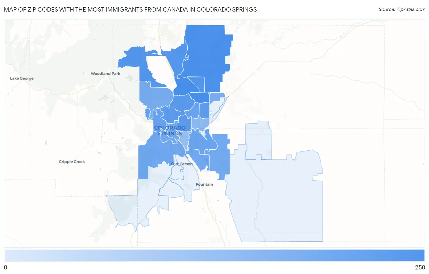 Zip Codes with the Most Immigrants from Canada in Colorado Springs Map