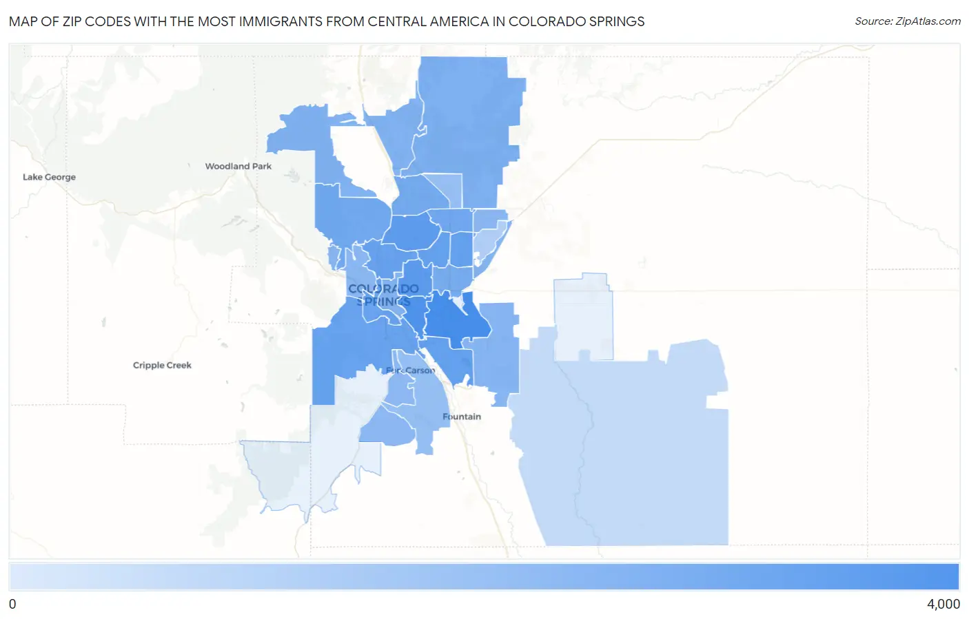 Zip Codes with the Most Immigrants from Central America in Colorado Springs Map