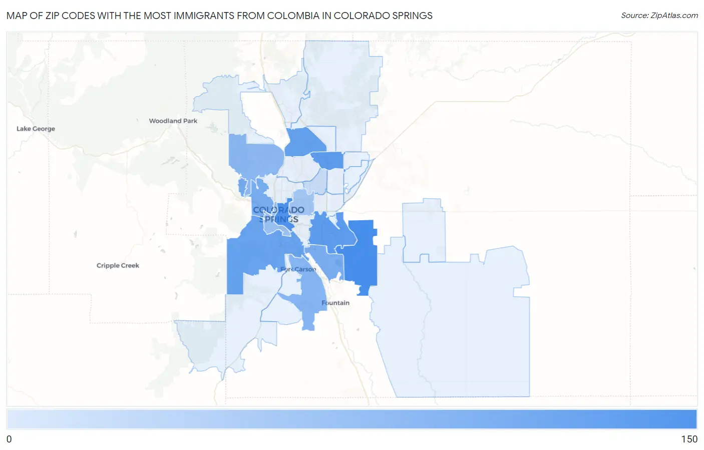 Zip Codes with the Most Immigrants from Colombia in Colorado Springs Map