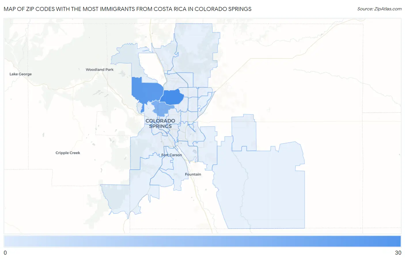 Zip Codes with the Most Immigrants from Costa Rica in Colorado Springs Map