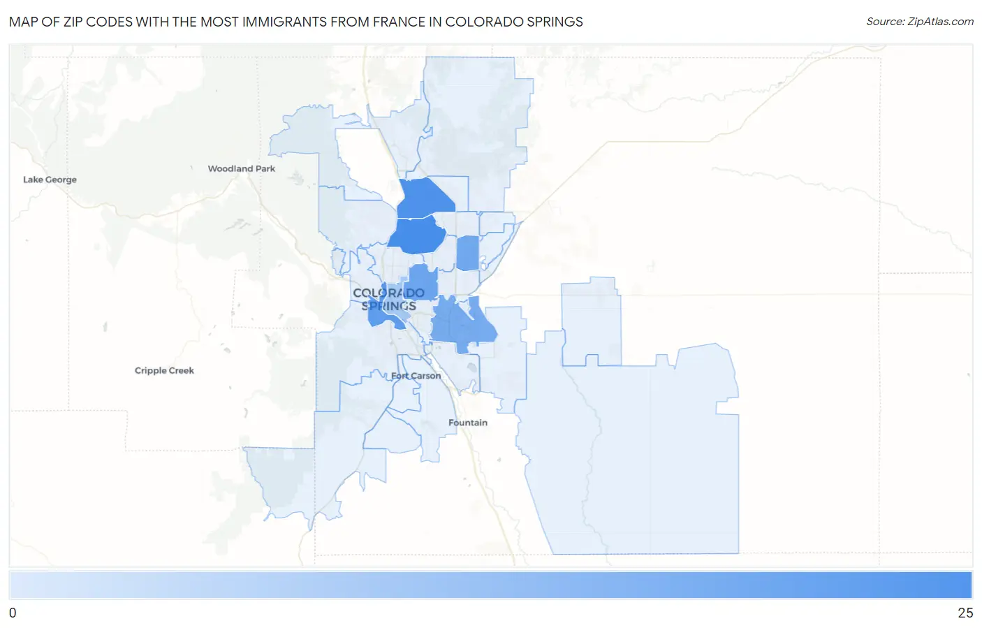 Zip Codes with the Most Immigrants from France in Colorado Springs Map