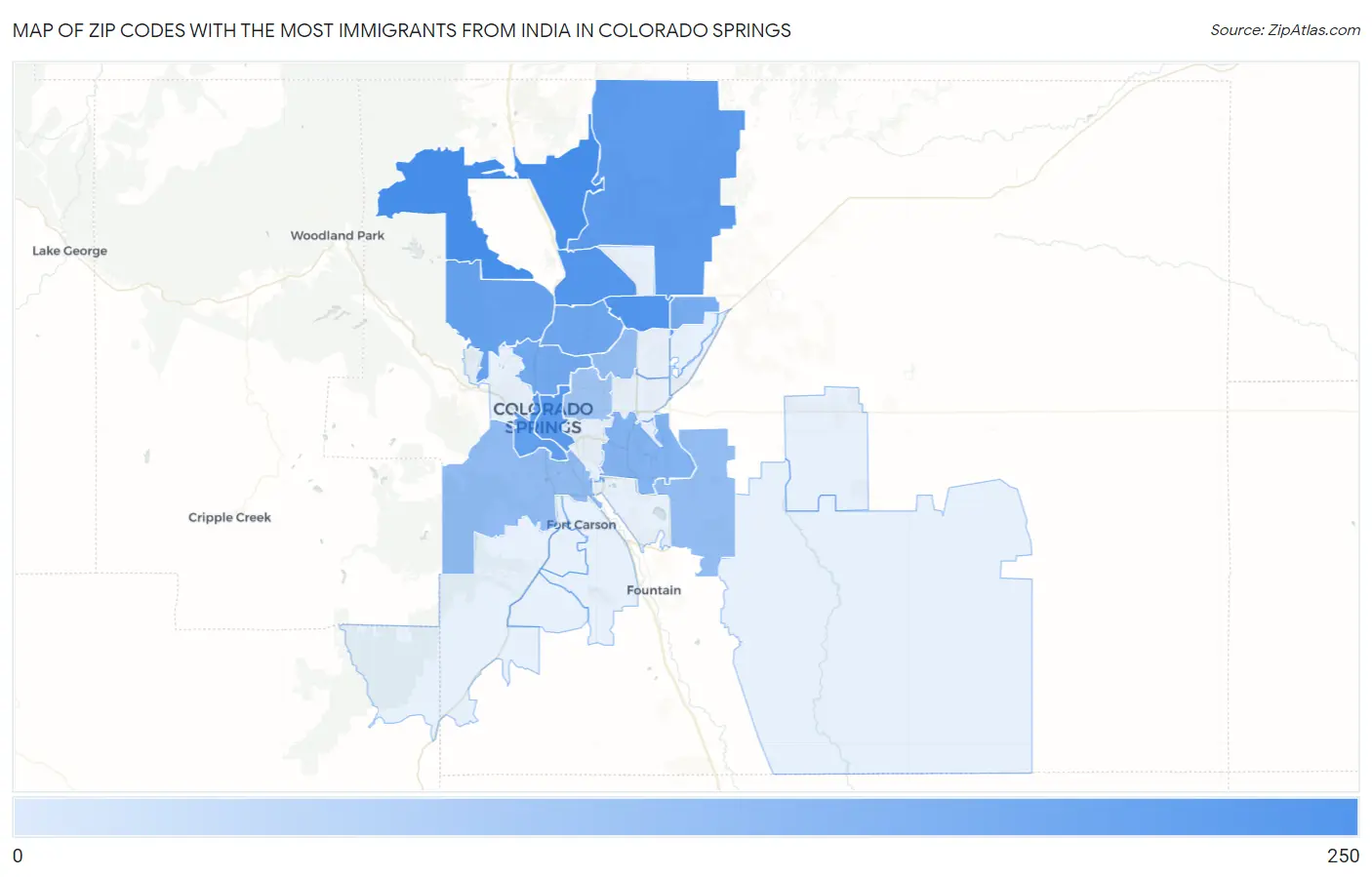 Zip Codes with the Most Immigrants from India in Colorado Springs Map