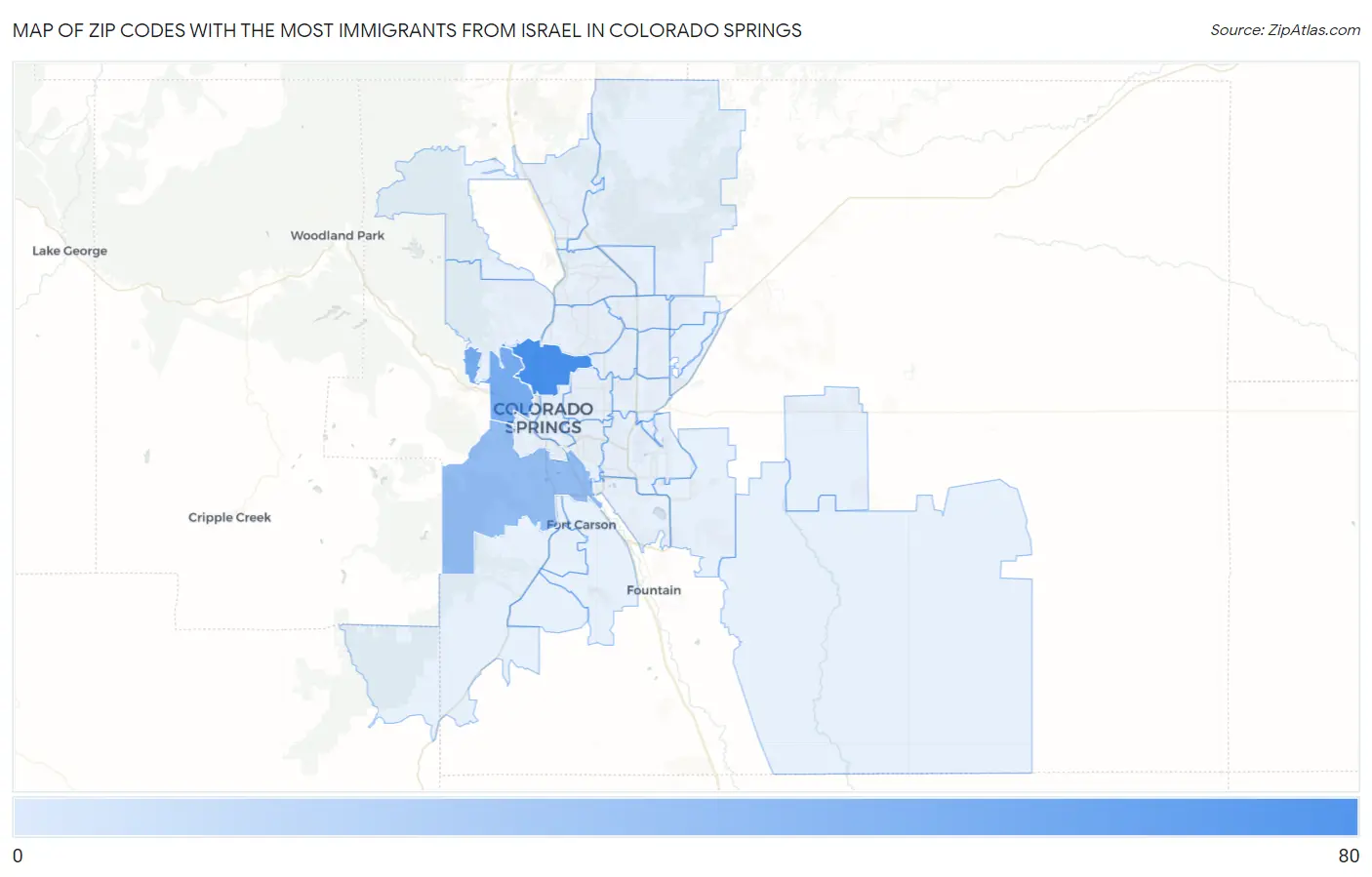 Zip Codes with the Most Immigrants from Israel in Colorado Springs Map