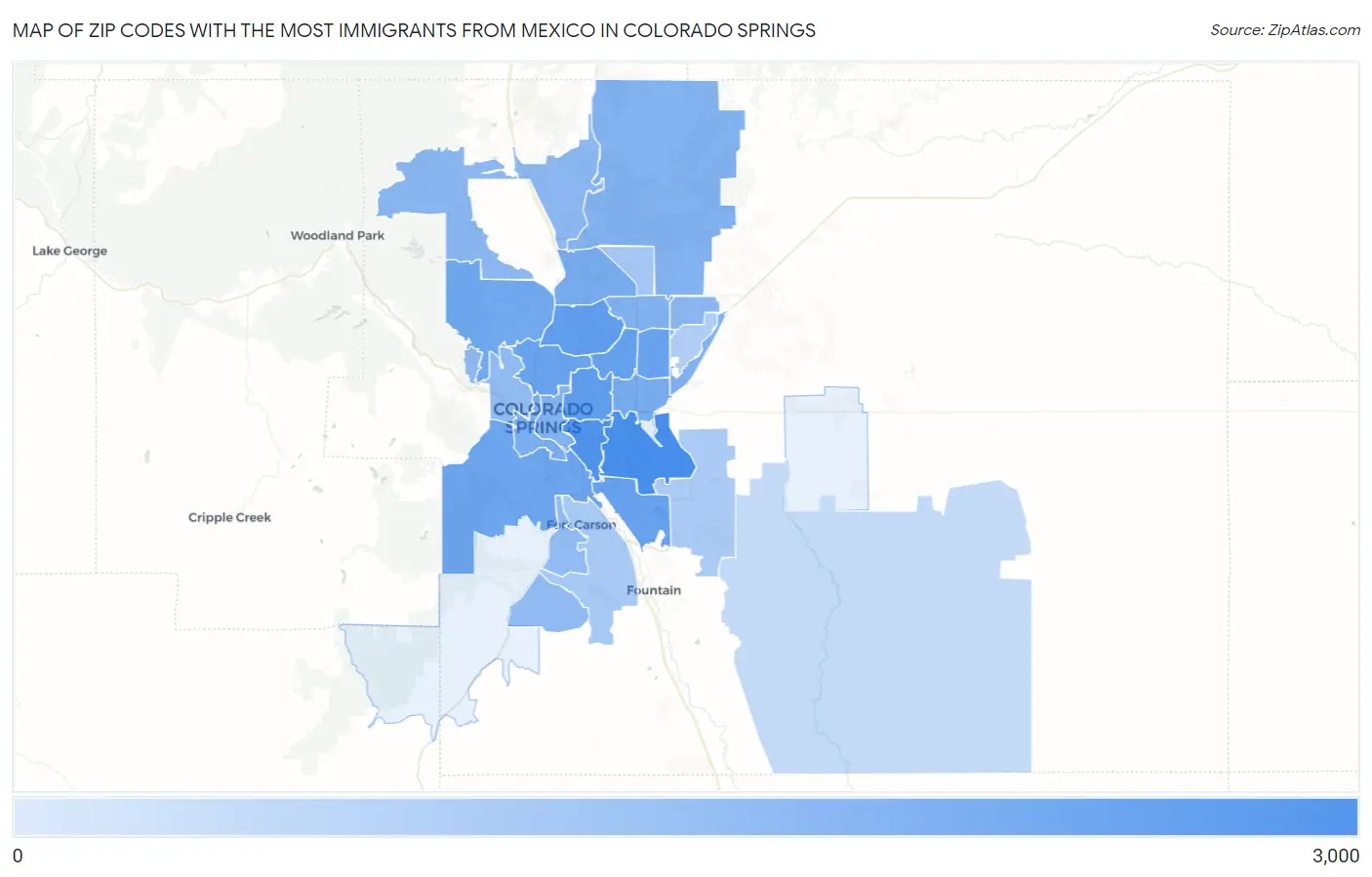 Zip Codes with the Most Immigrants from Mexico in Colorado Springs Map