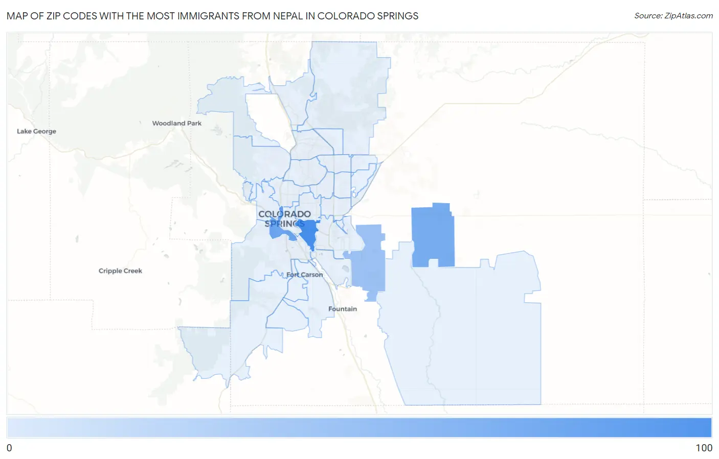 Zip Codes with the Most Immigrants from Nepal in Colorado Springs Map