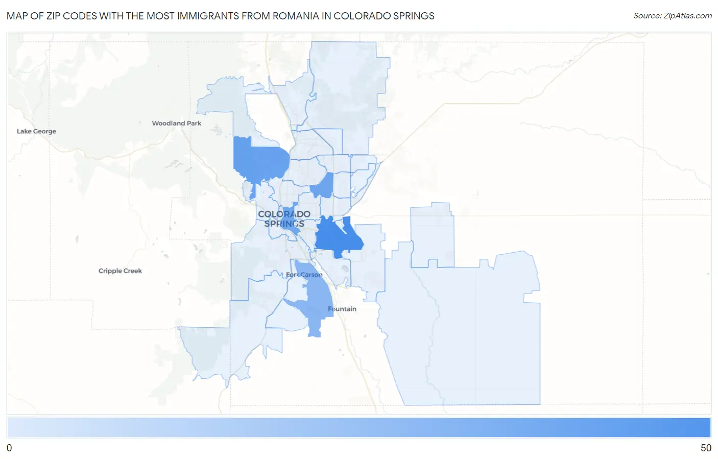 Zip Codes with the Most Immigrants from Romania in Colorado Springs Map
