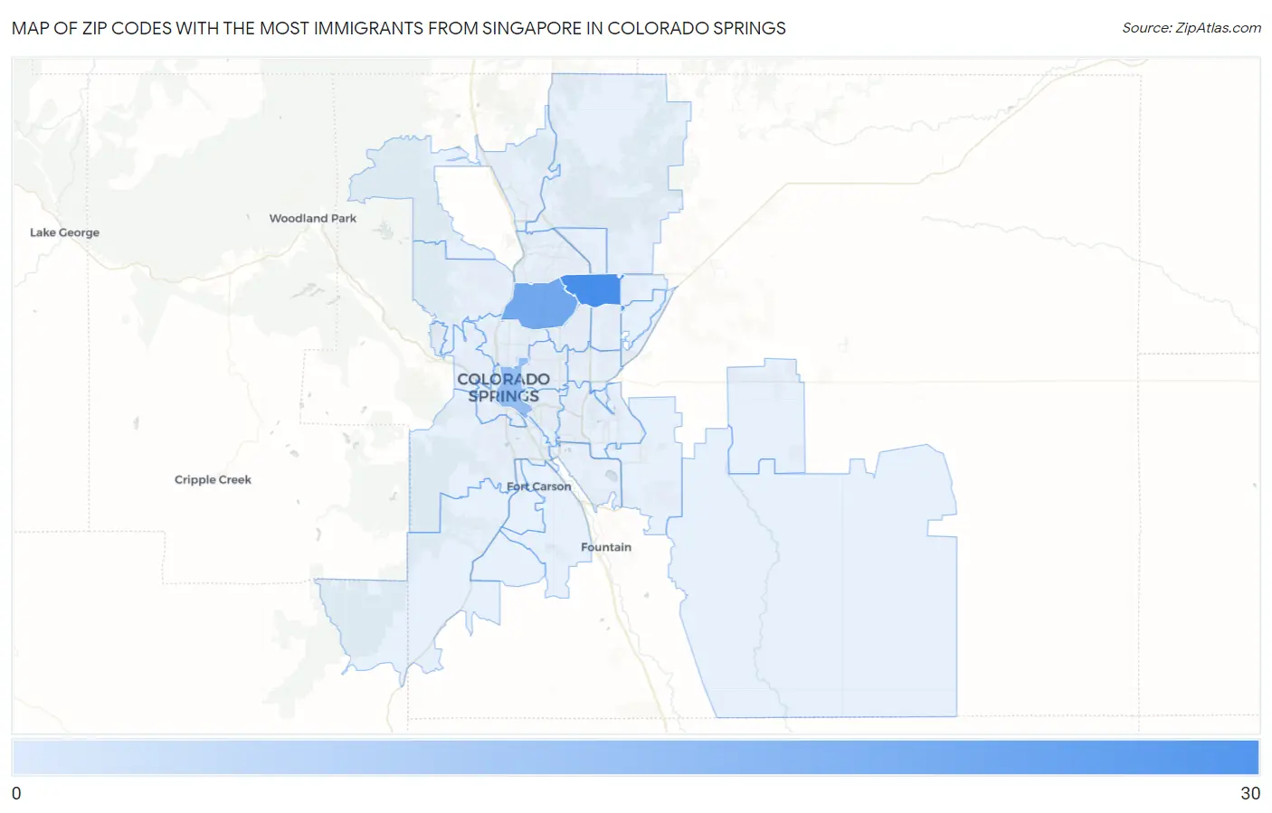 Zip Codes with the Most Immigrants from Singapore in Colorado Springs Map