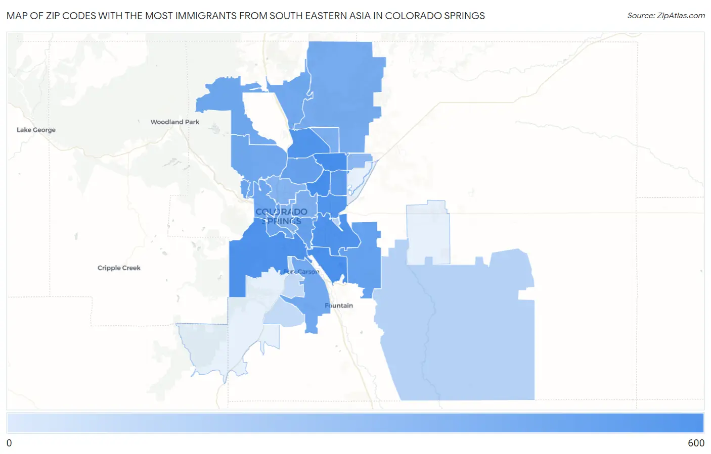 Zip Codes with the Most Immigrants from South Eastern Asia in Colorado Springs Map