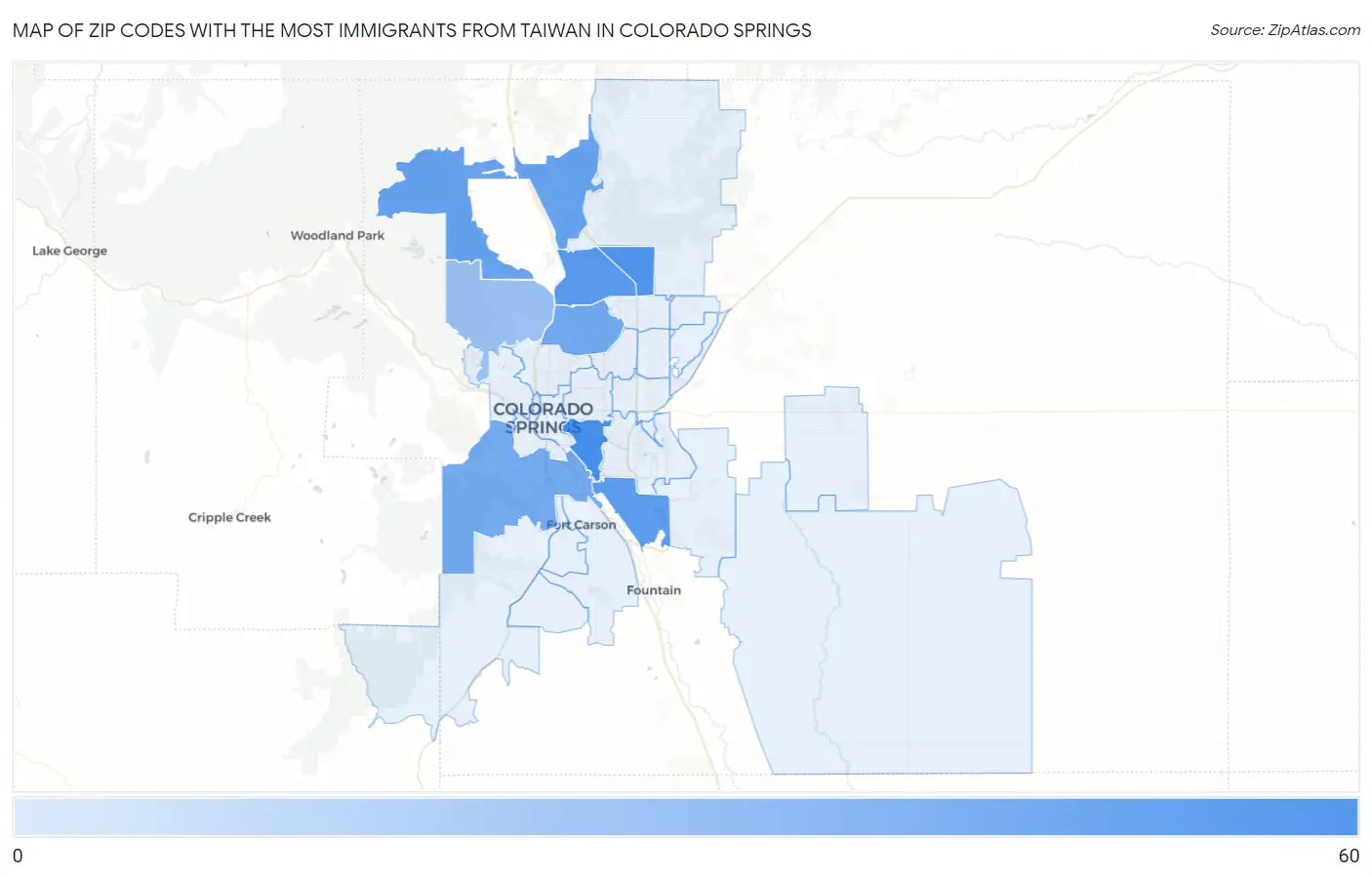 Zip Codes with the Most Immigrants from Taiwan in Colorado Springs Map