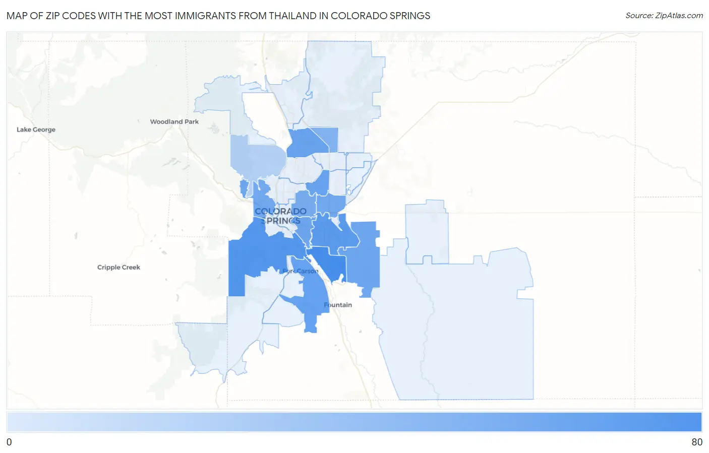 Zip Codes with the Most Immigrants from Thailand in Colorado Springs Map