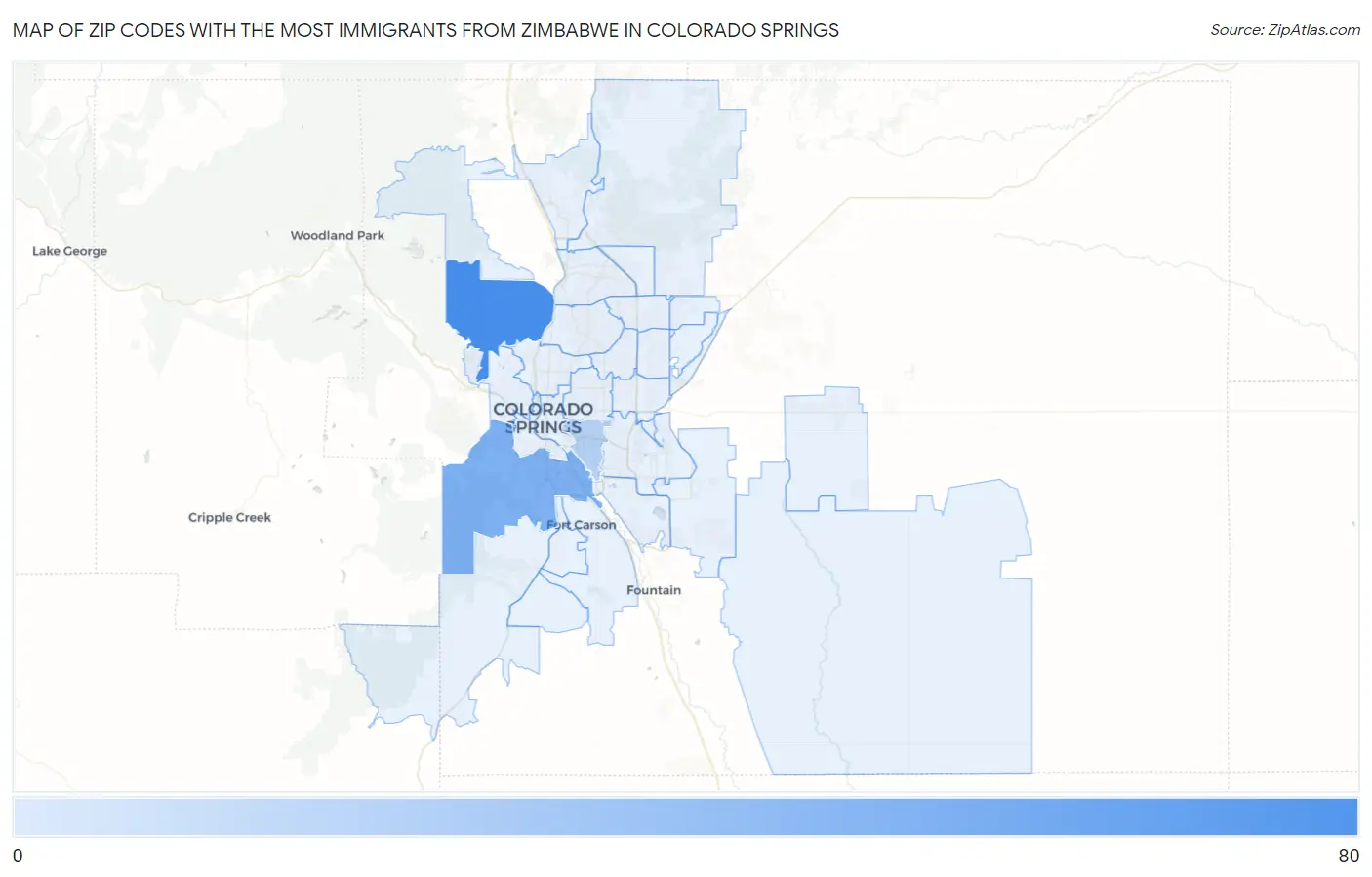 Zip Codes with the Most Immigrants from Zimbabwe in Colorado Springs Map