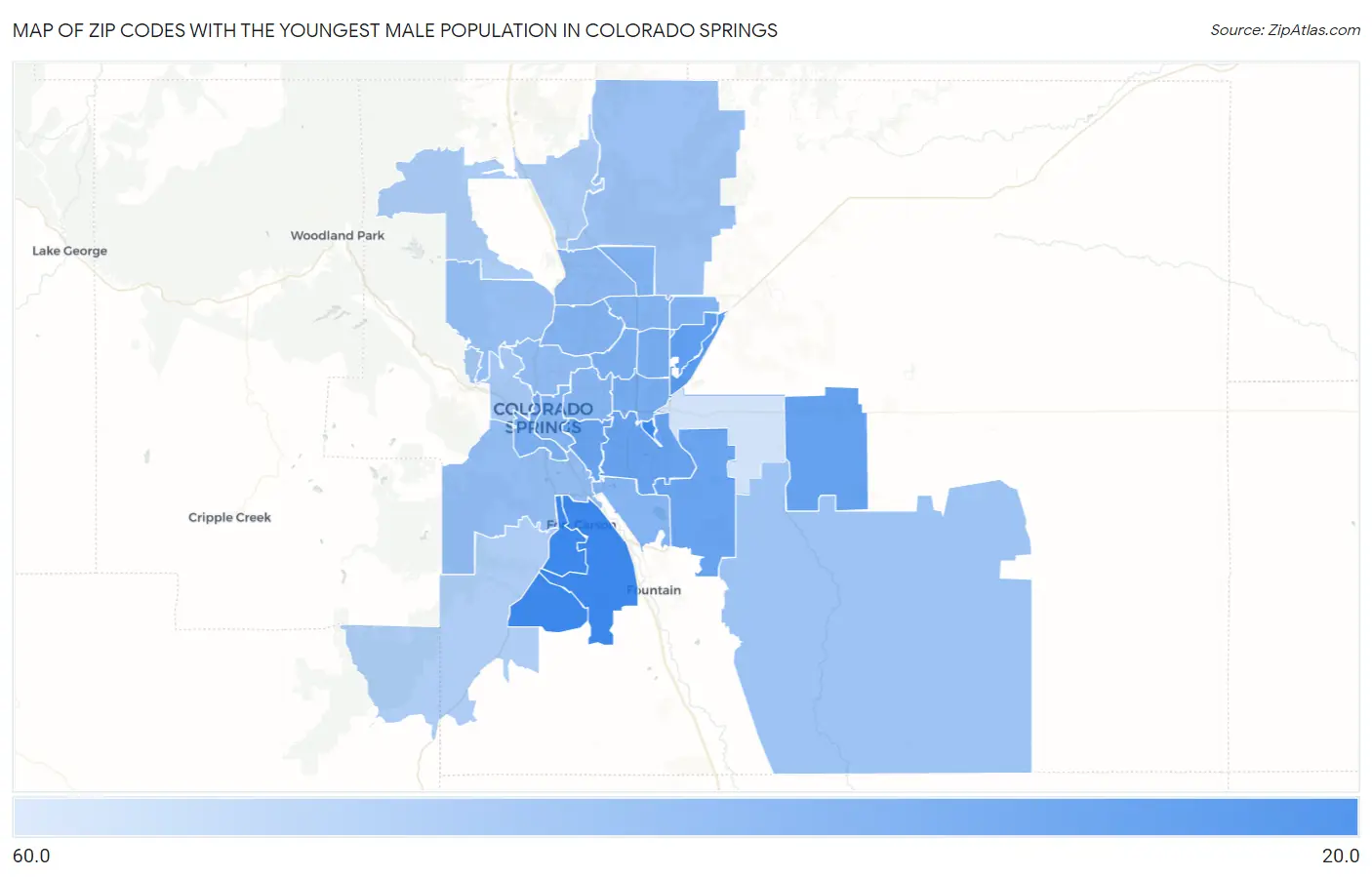 Zip Codes with the Youngest Male Population in Colorado Springs Map