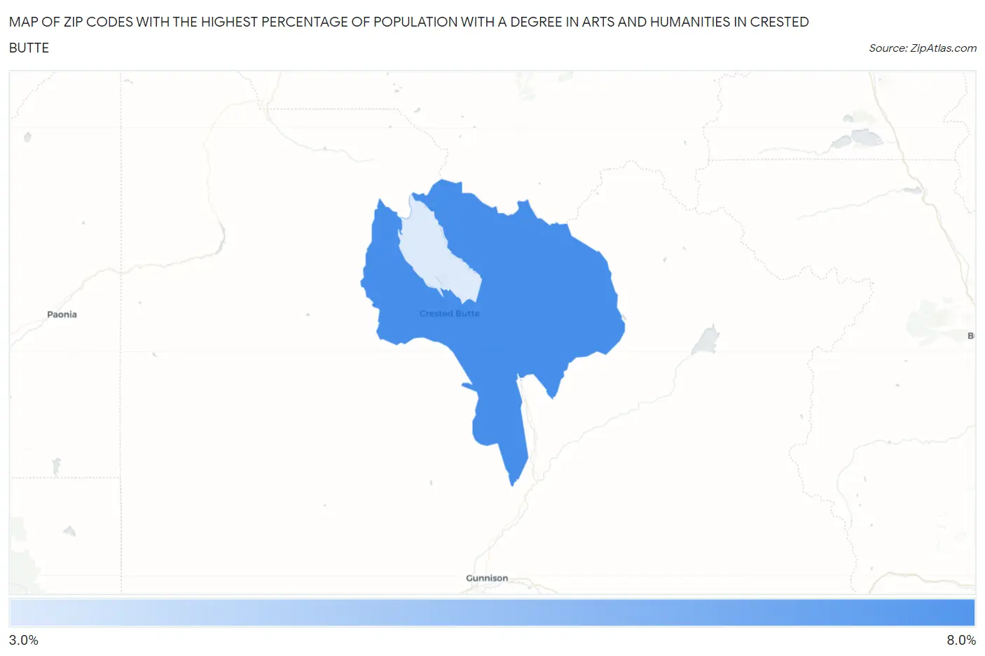 Zip Codes with the Highest Percentage of Population with a Degree in Arts and Humanities in Crested Butte Map