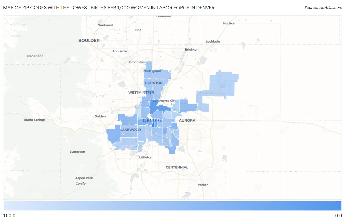 Zip Codes with the Lowest Births per 1,000 Women in Labor Force in Denver Map