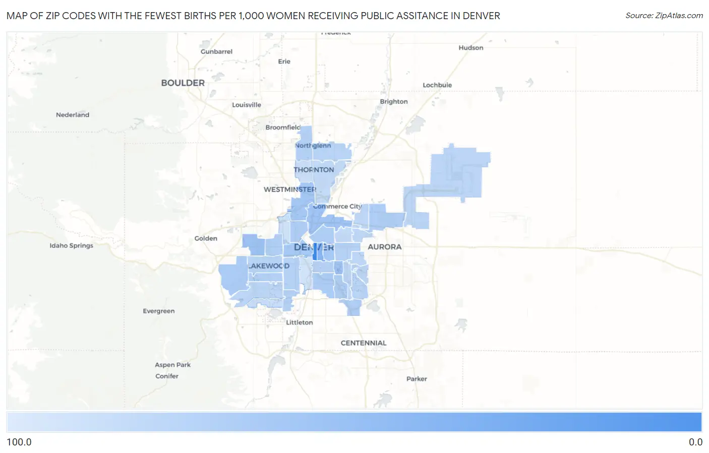Zip Codes with the Fewest Births per 1,000 Women Receiving Public Assitance in Denver Map