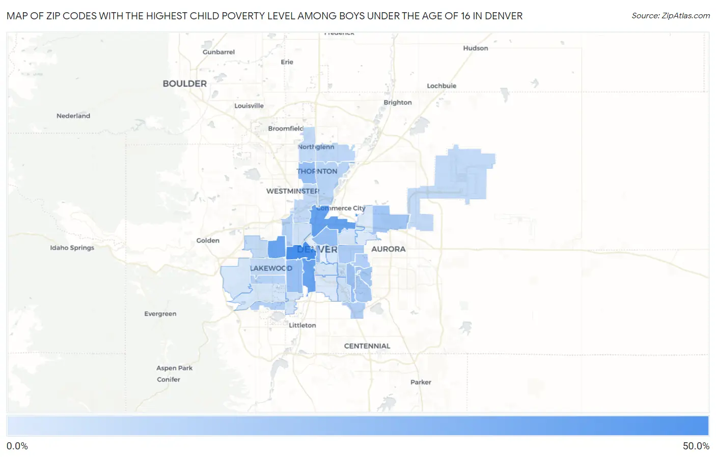 Zip Codes with the Highest Child Poverty Level Among Boys Under the Age of 16 in Denver Map