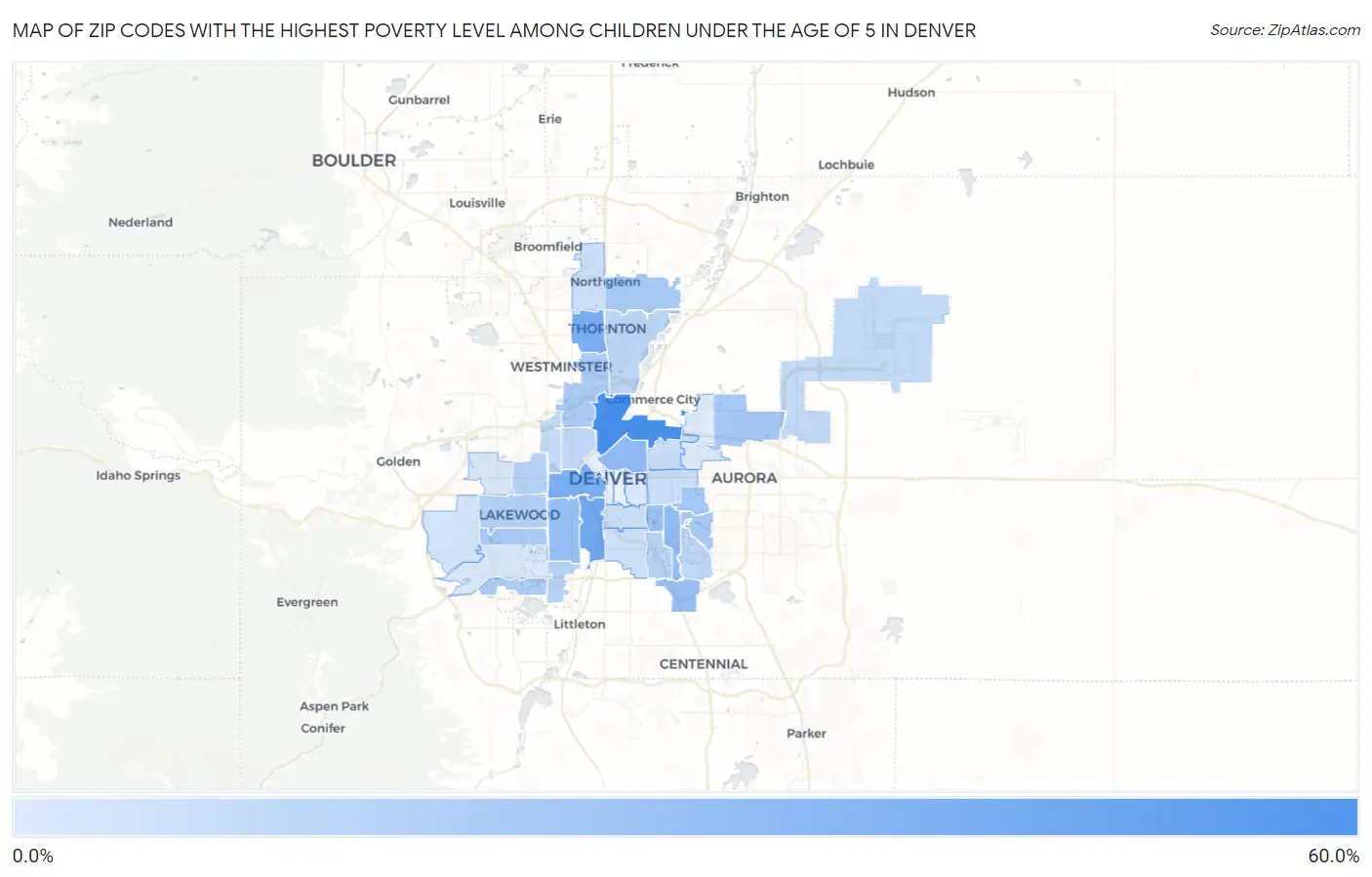 Zip Codes with the Highest Poverty Level Among Children Under the Age of 5 in Denver Map