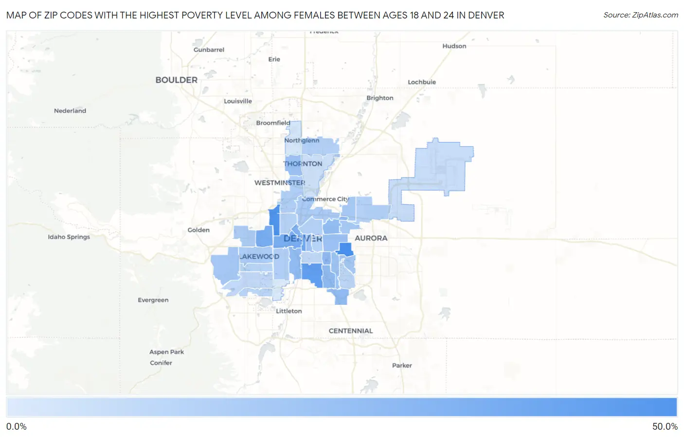 Zip Codes with the Highest Poverty Level Among Females Between Ages 18 and 24 in Denver Map