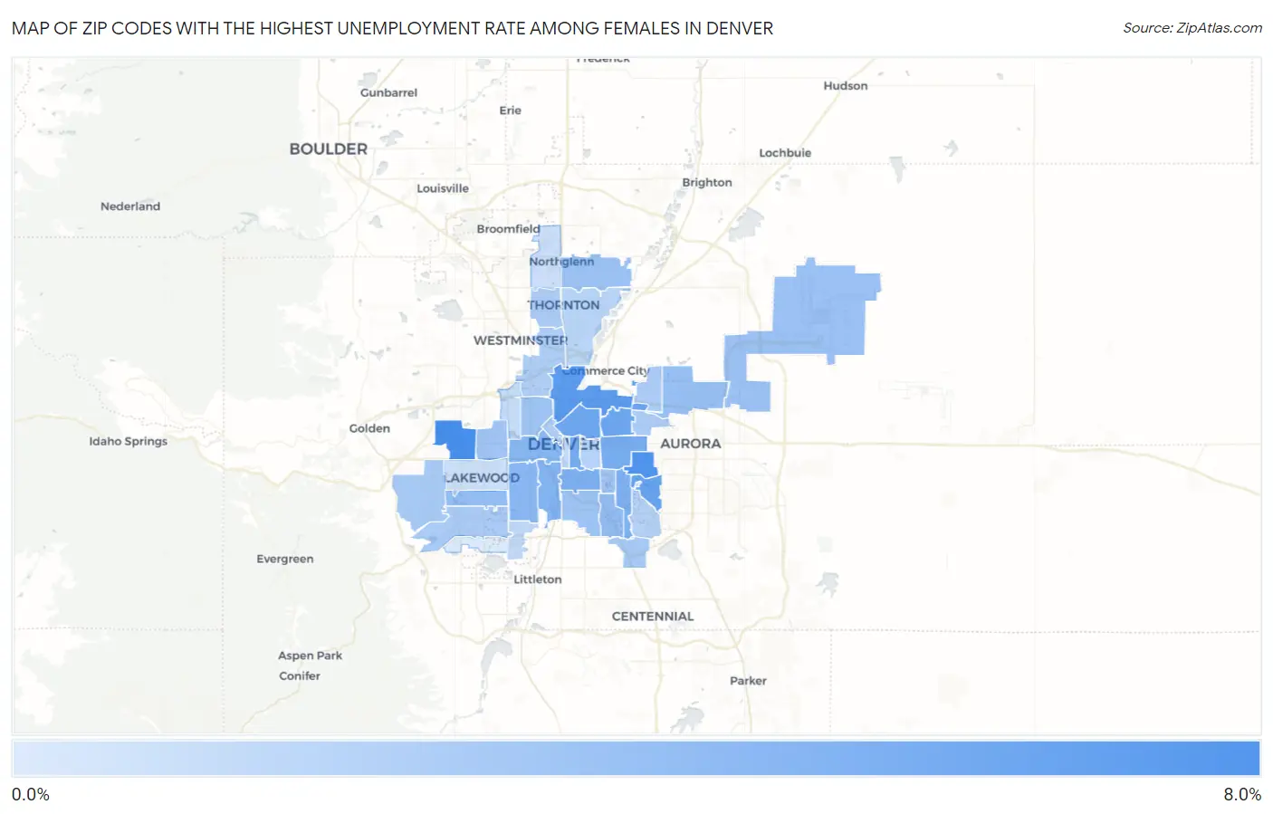 Zip Codes with the Highest Unemployment Rate Among Females in Denver Map