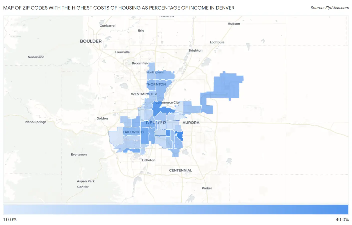 Zip Codes with the Highest Costs of Housing as Percentage of Income in Denver Map