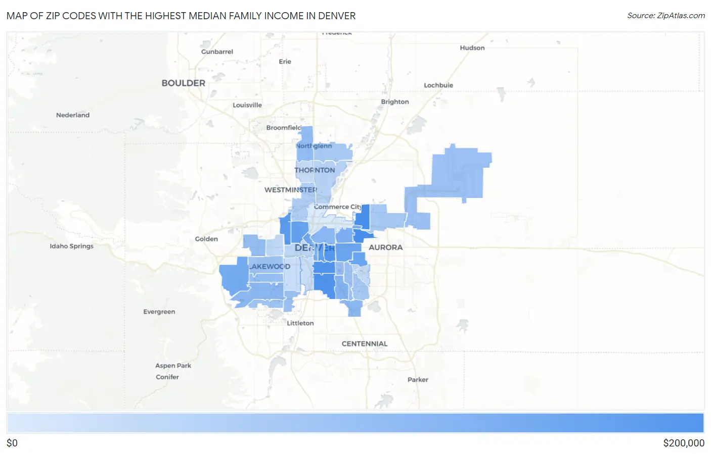 Zip Codes with the Highest Median Family Income in Denver Map