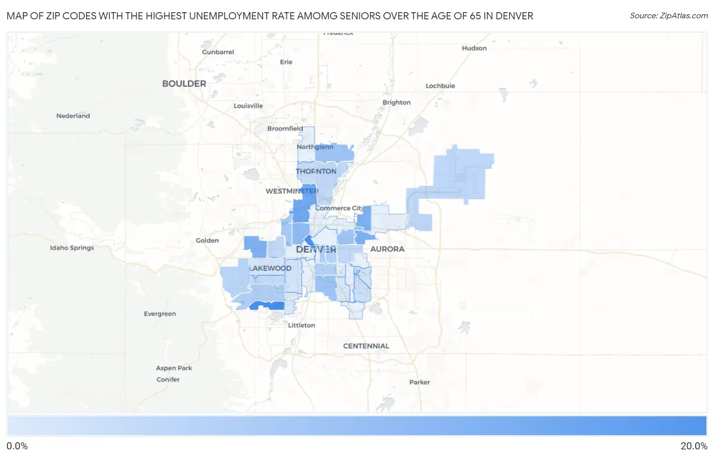 Zip Codes with the Highest Unemployment Rate Amomg Seniors Over the Age of 65 in Denver Map