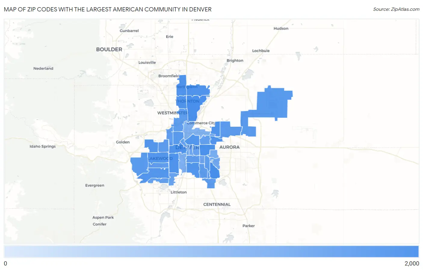 Zip Codes with the Largest American Community in Denver Map