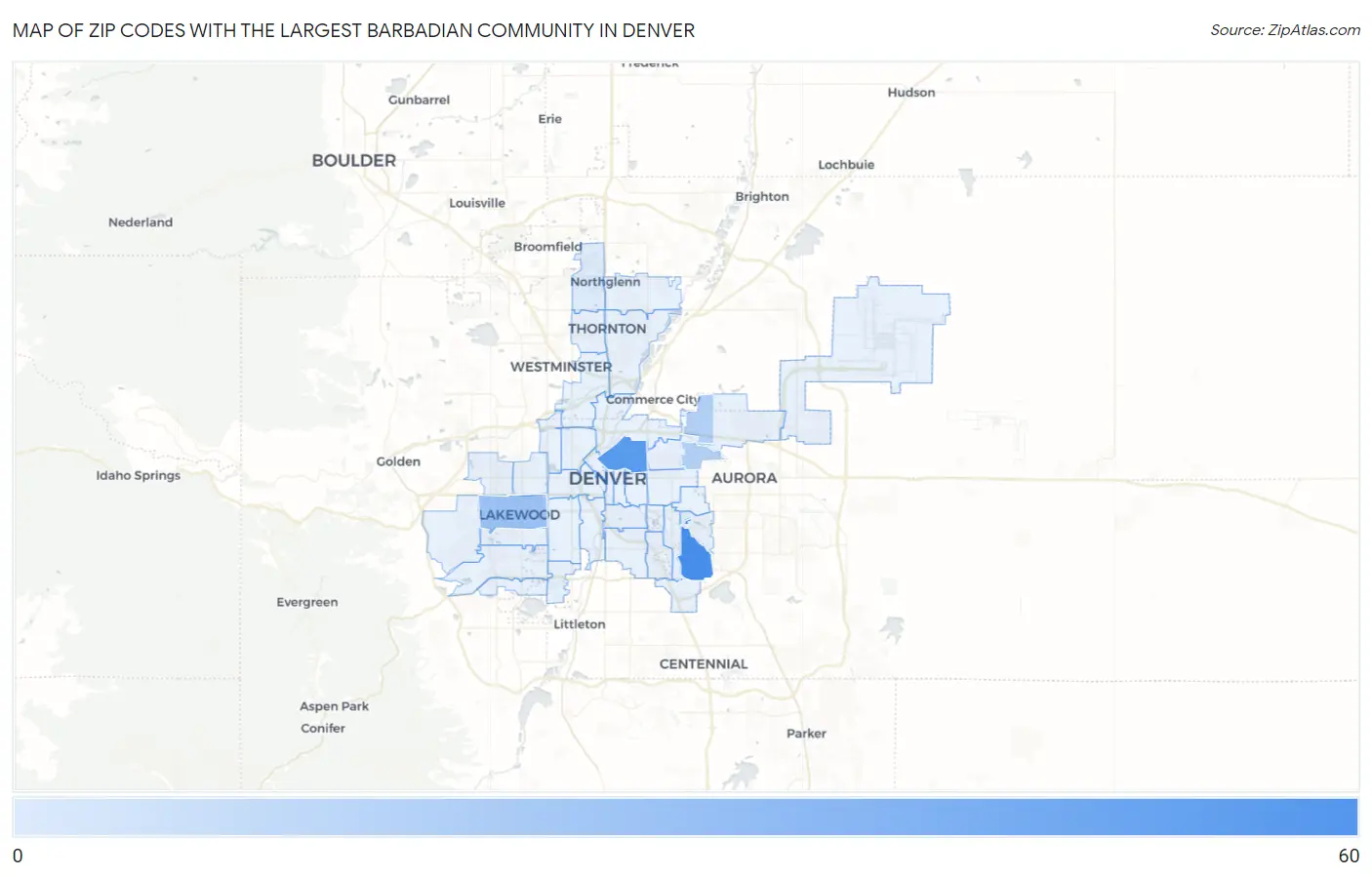 Zip Codes with the Largest Barbadian Community in Denver Map