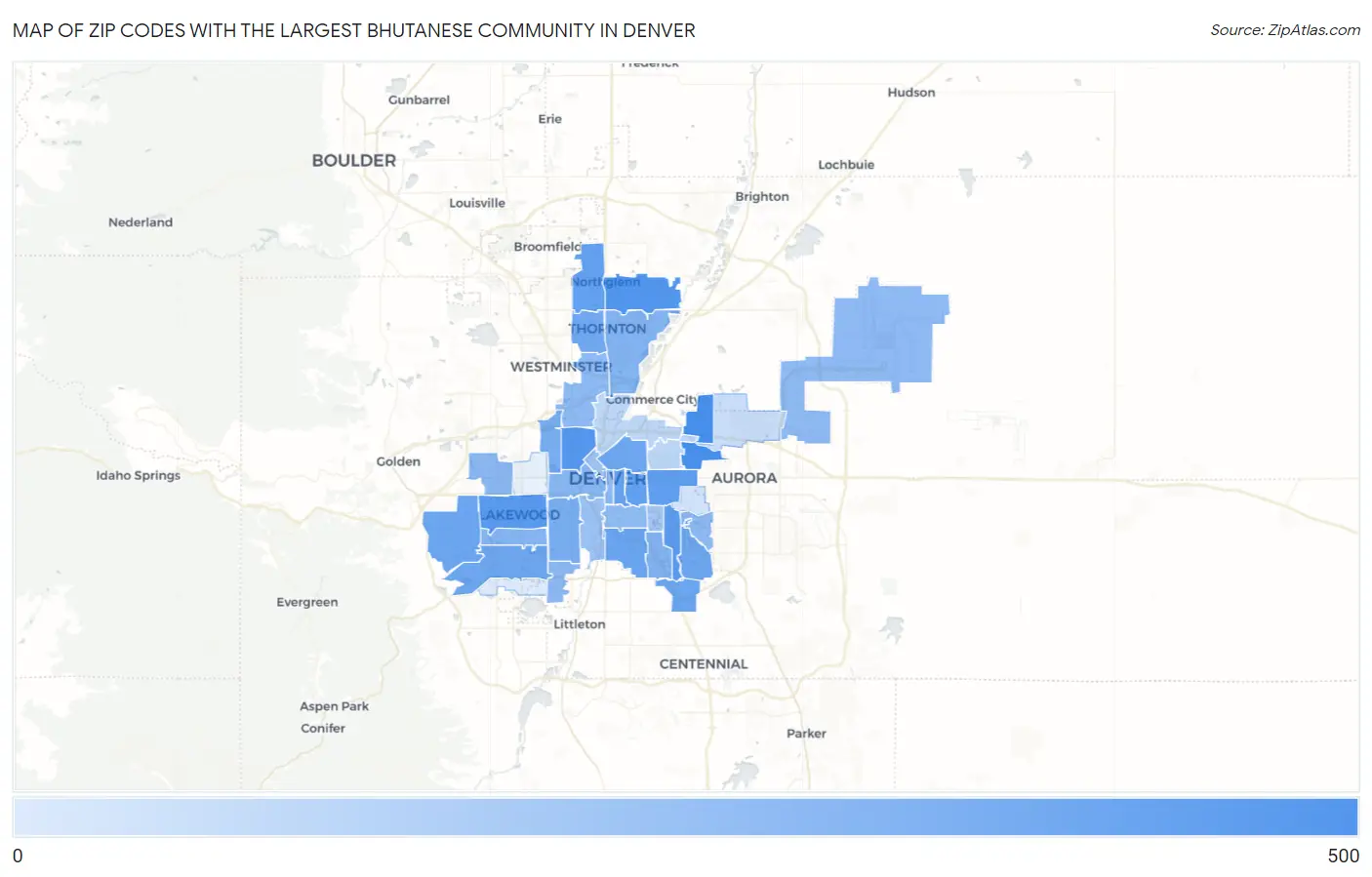 Zip Codes with the Largest Bhutanese Community in Denver Map
