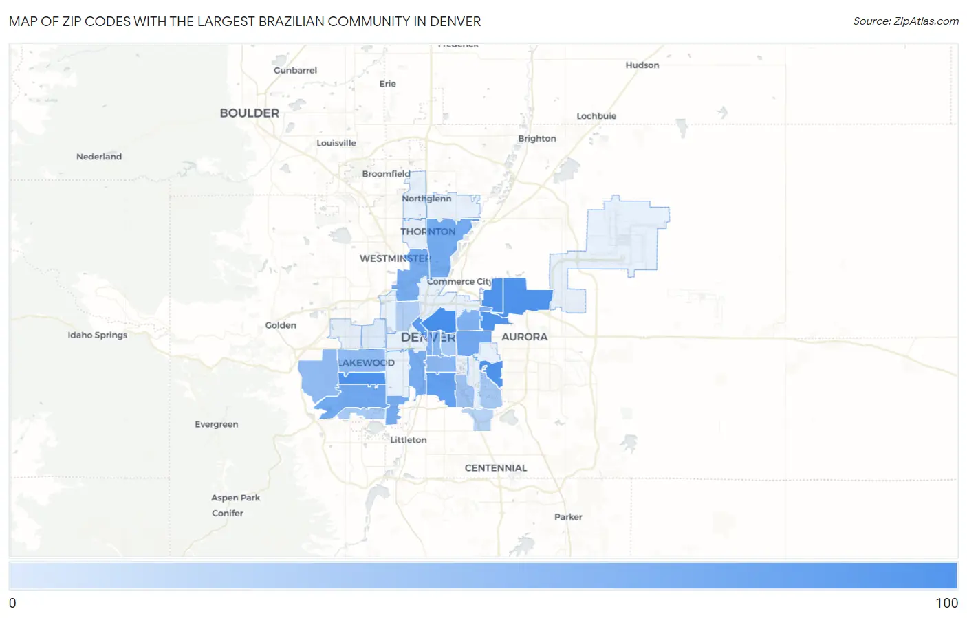 Zip Codes with the Largest Brazilian Community in Denver Map