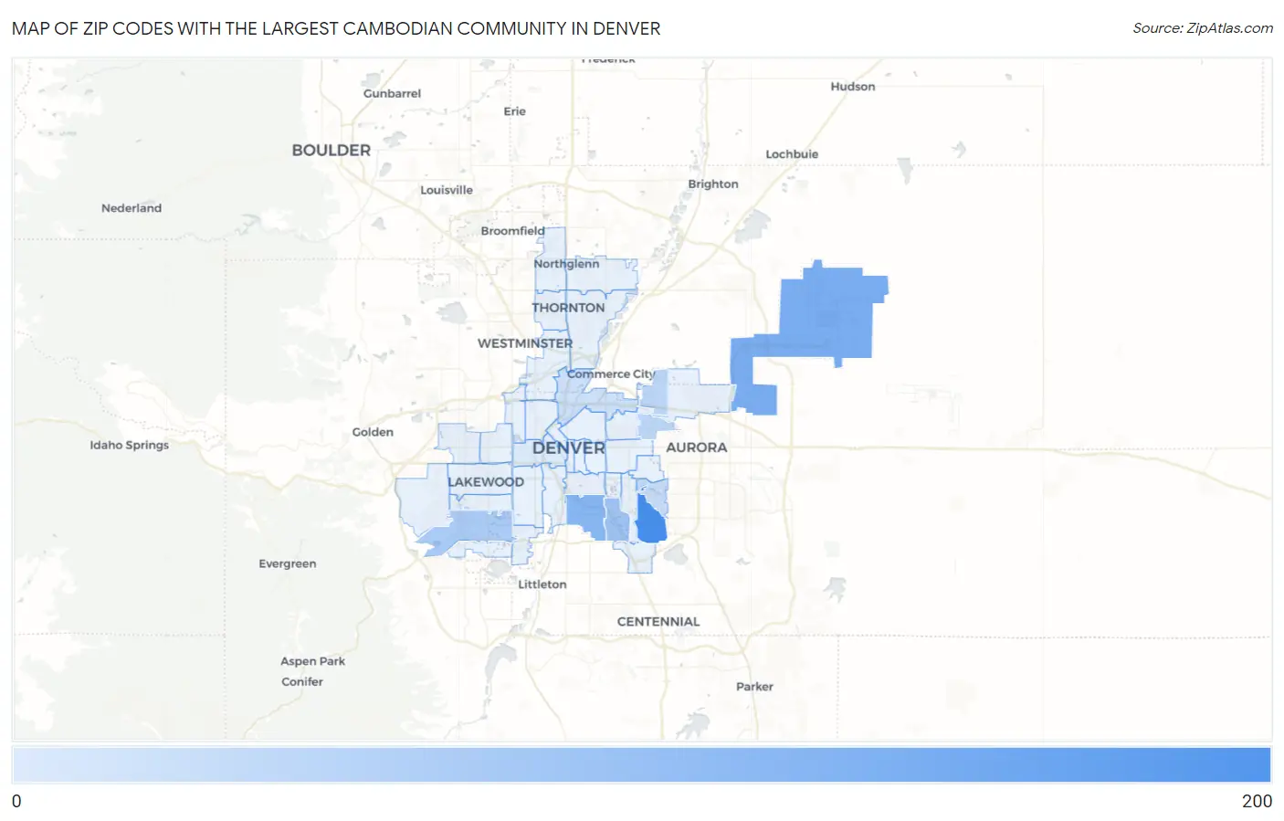 Zip Codes with the Largest Cambodian Community in Denver Map