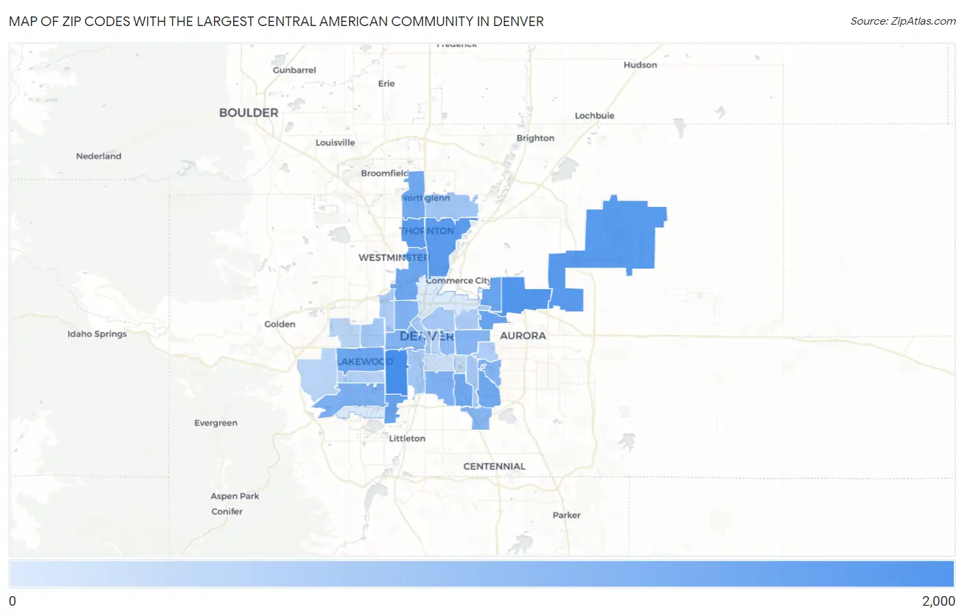 Zip Codes with the Largest Central American Community in Denver Map