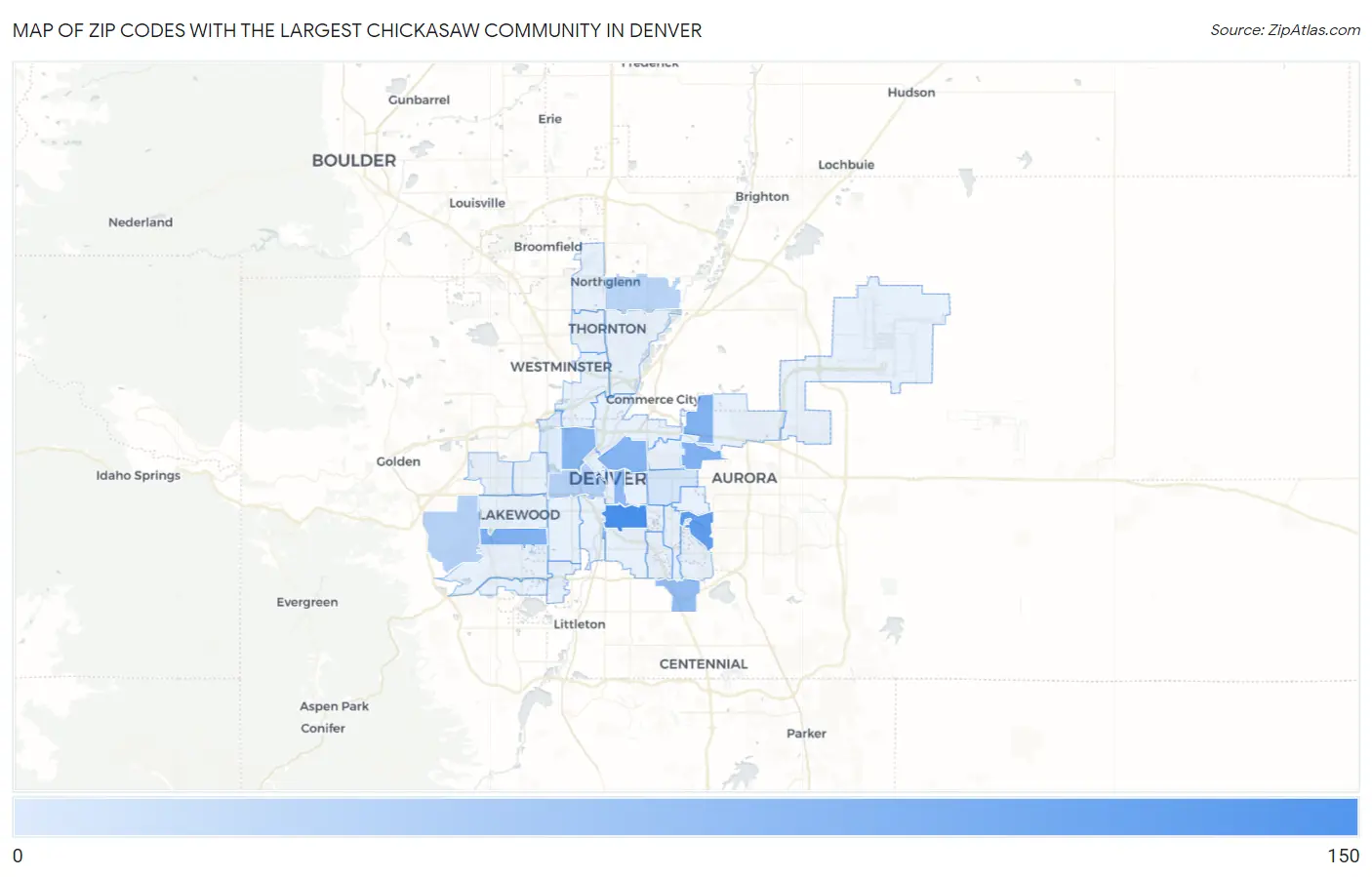 Zip Codes with the Largest Chickasaw Community in Denver Map