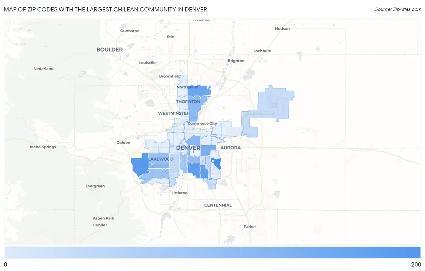 Zip Codes with the Largest Chilean Community in Denver Map