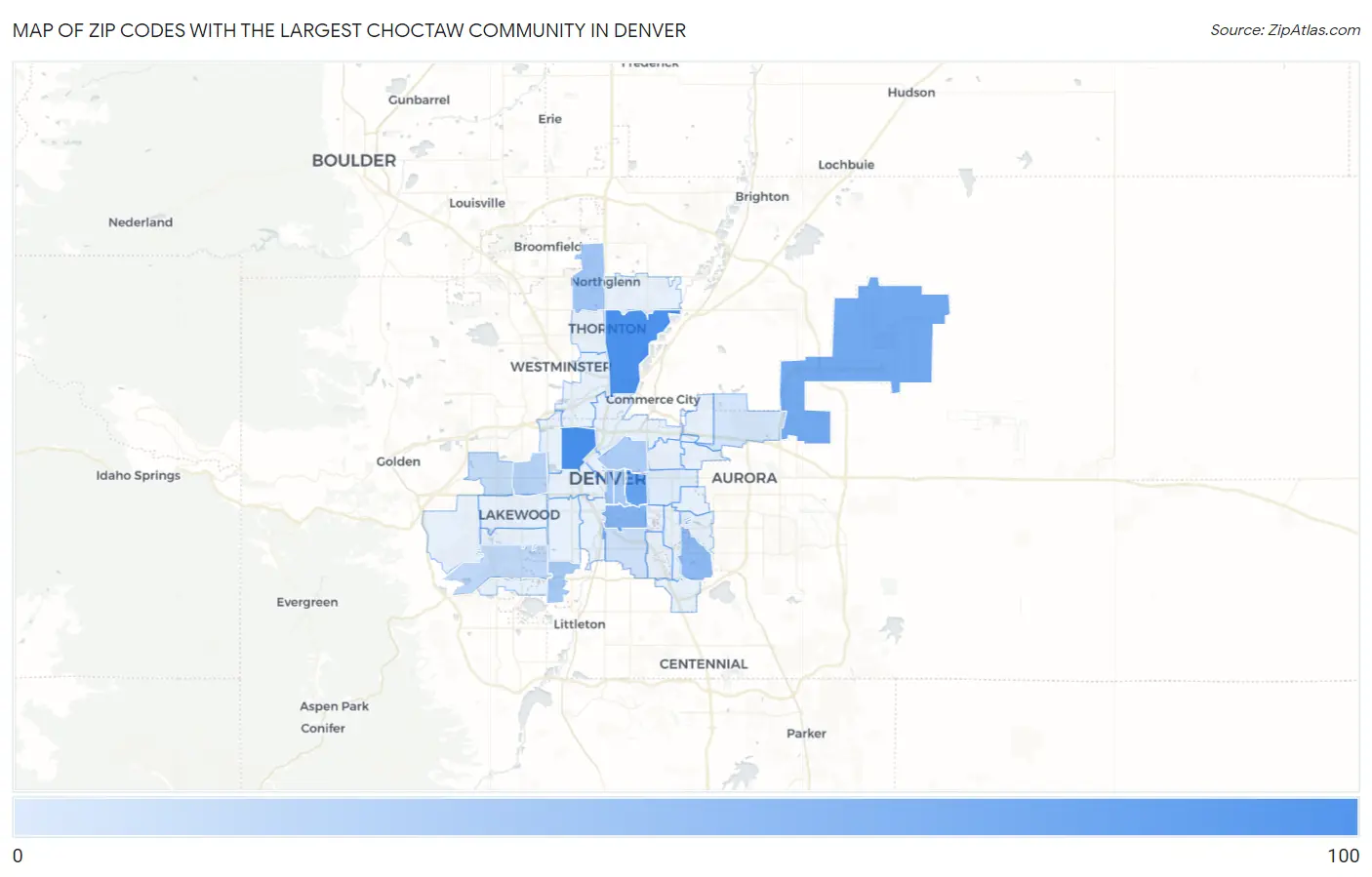 Zip Codes with the Largest Choctaw Community in Denver Map