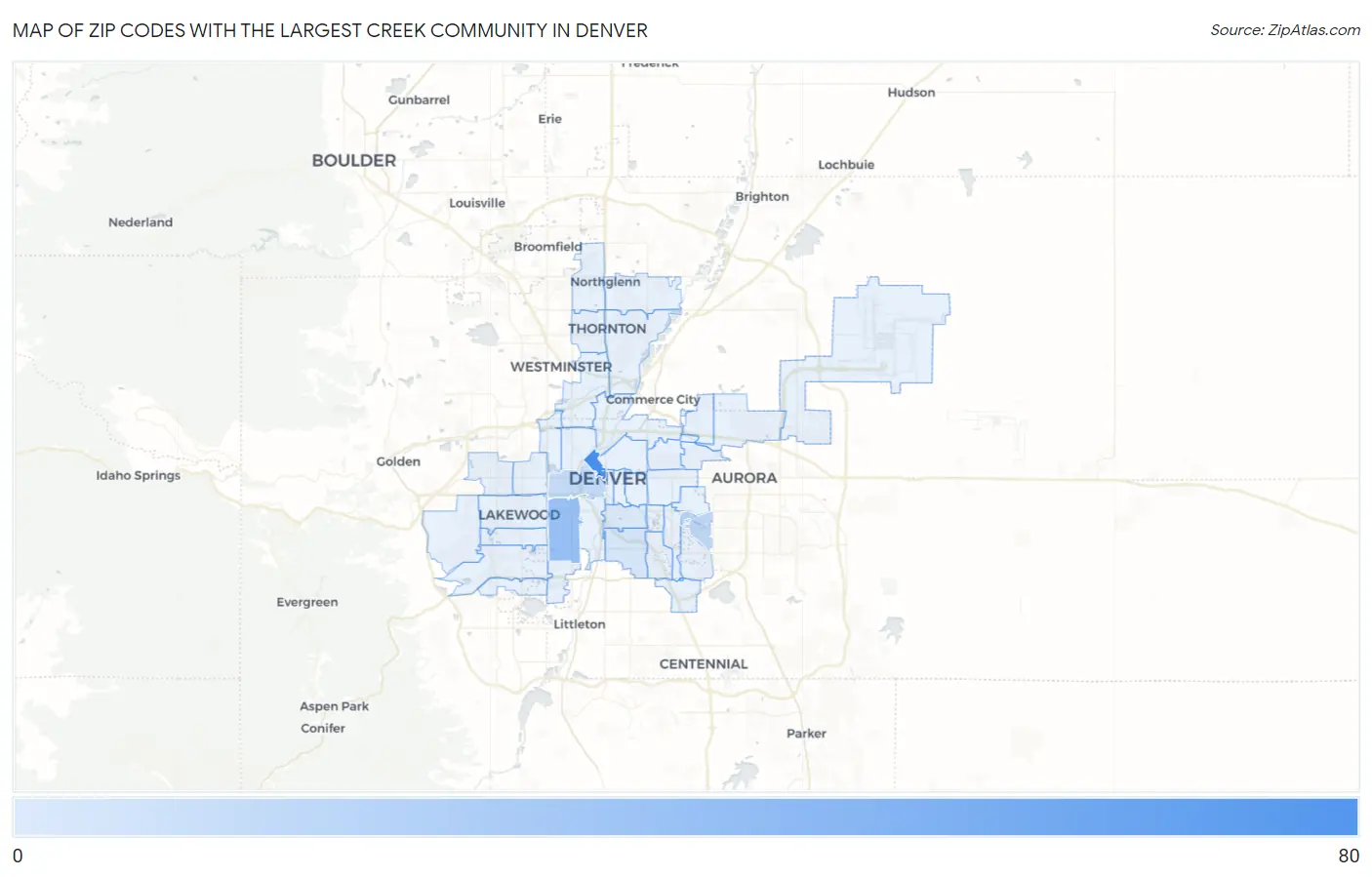 Zip Codes with the Largest Creek Community in Denver Map