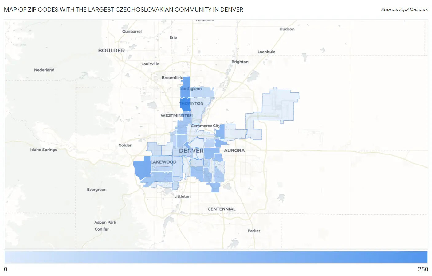 Zip Codes with the Largest Czechoslovakian Community in Denver Map