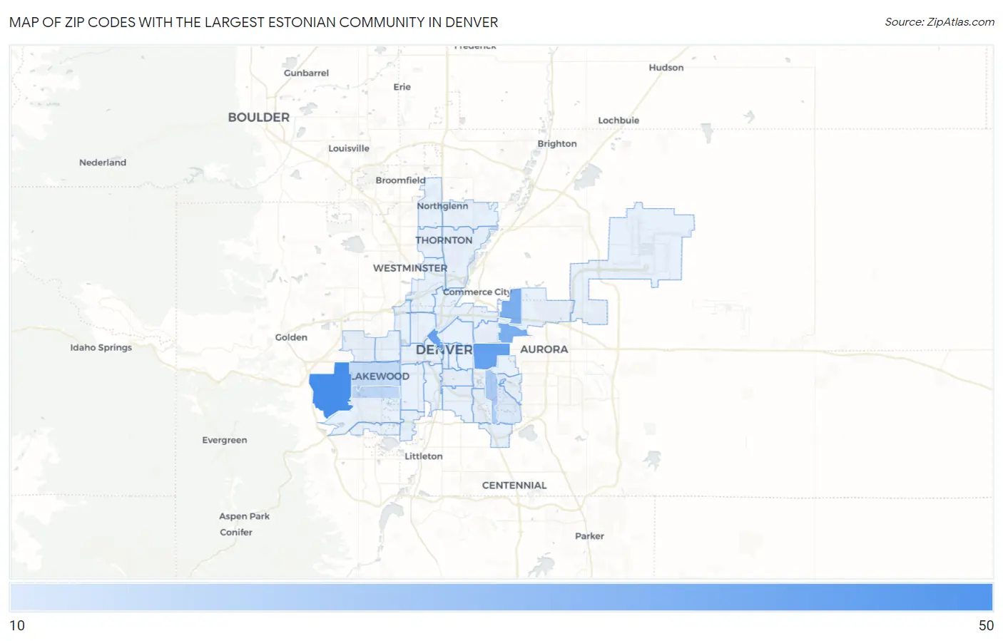 Zip Codes with the Largest Estonian Community in Denver Map