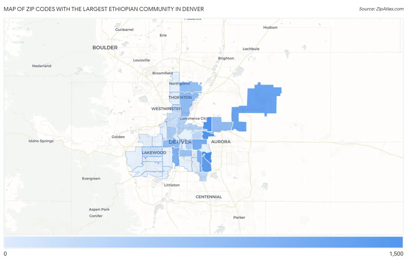 Zip Codes with the Largest Ethiopian Community in Denver Map
