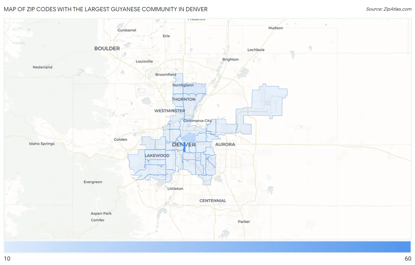 Zip Codes with the Largest Guyanese Community in Denver Map