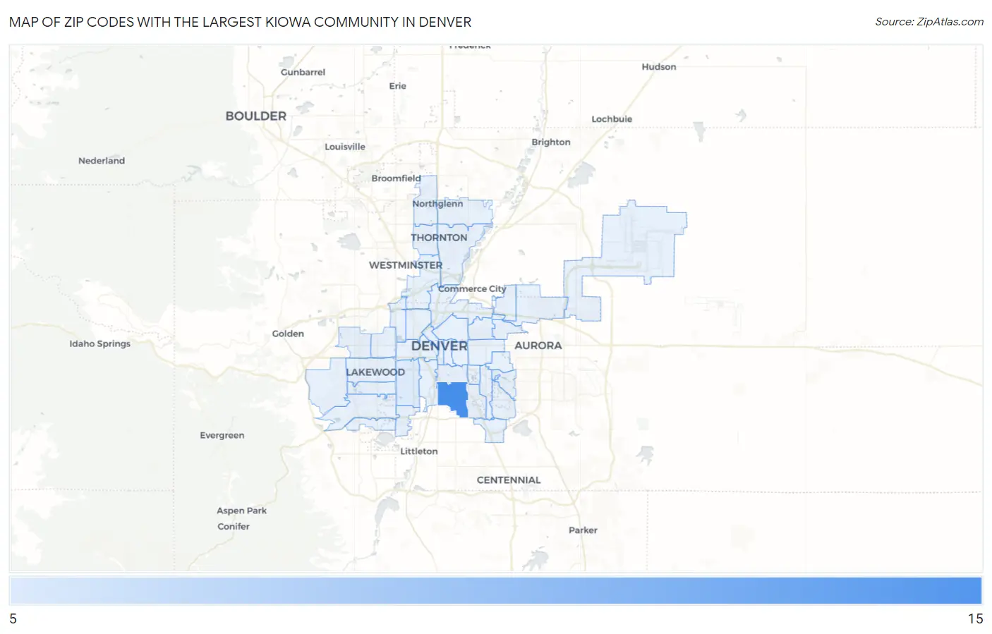 Zip Codes with the Largest Kiowa Community in Denver Map