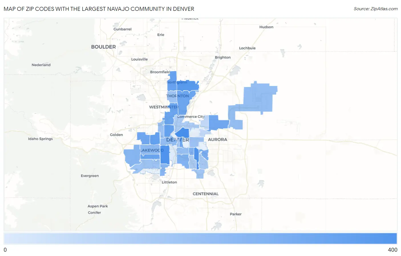 Zip Codes with the Largest Navajo Community in Denver Map