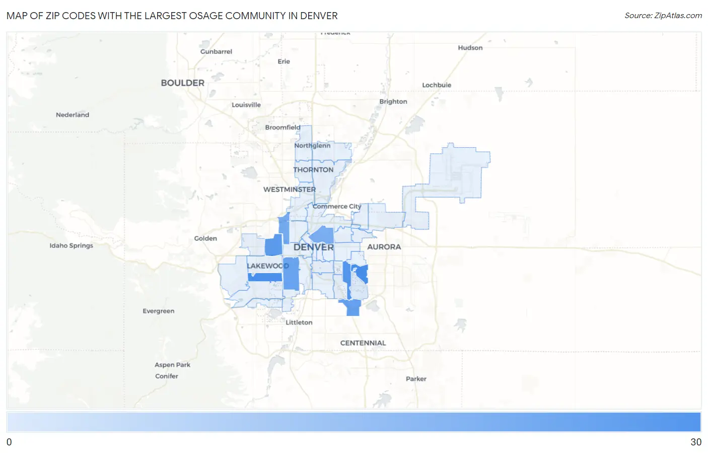 Zip Codes with the Largest Osage Community in Denver Map